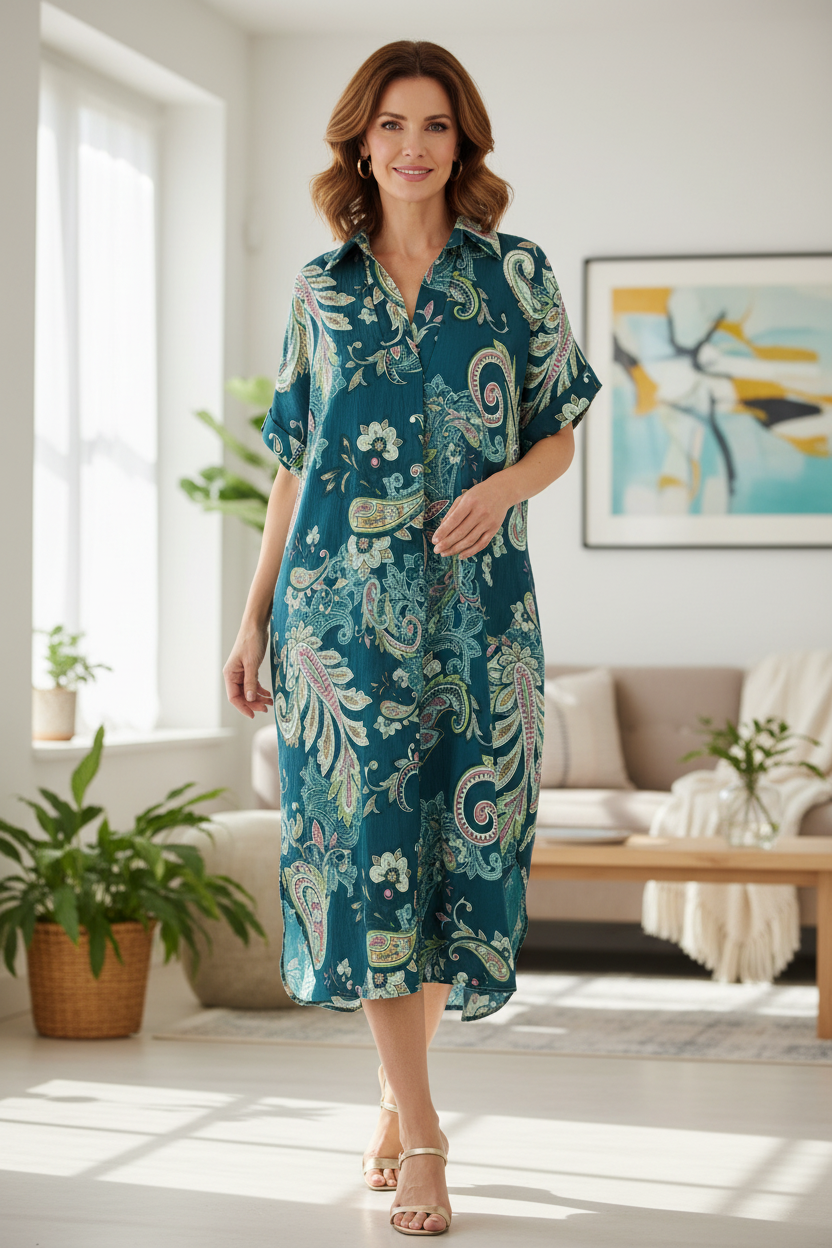 Batwing Collar Paisley Print Midi