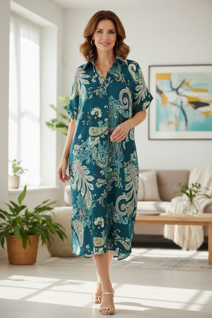 Batwing Collar Paisley Print Midi