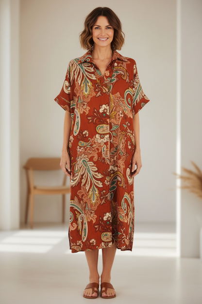 Batwing Collar Paisley Print Midi