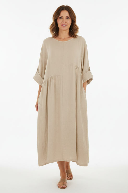Pleat Panel Linen Dress