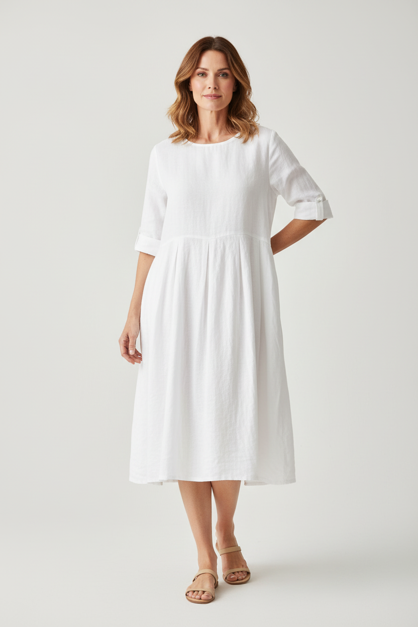 Pleat Detail Linen Dress