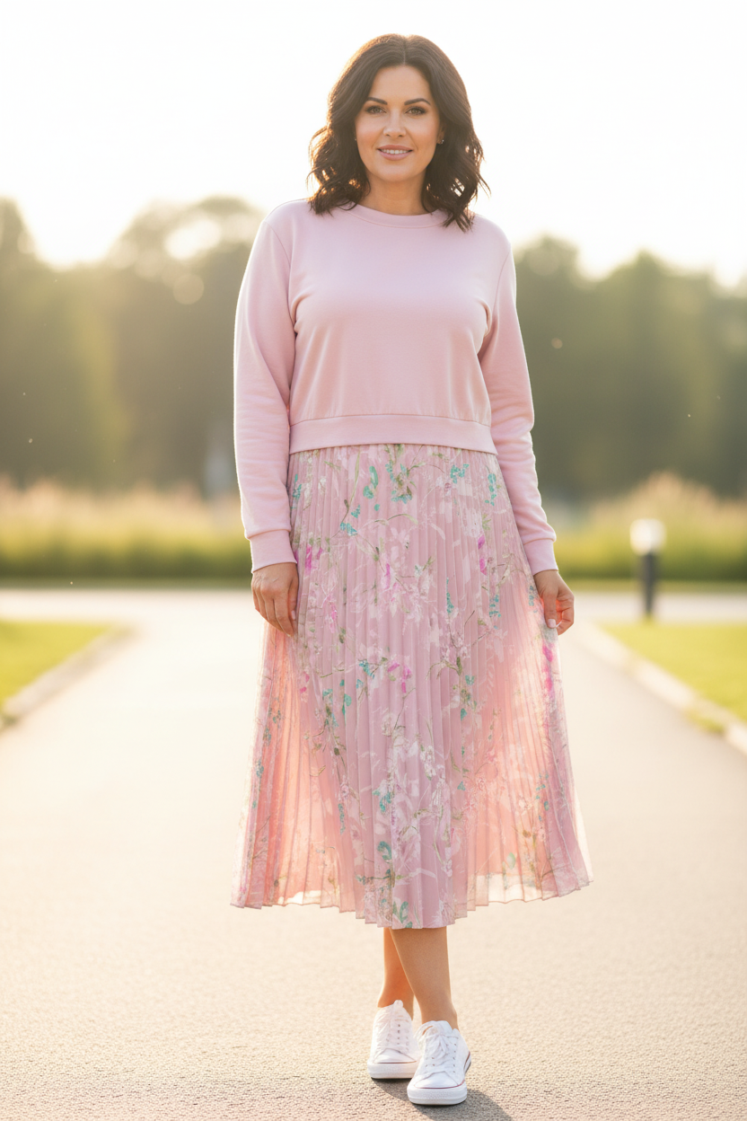 Floral Print Pleated Satin Midi