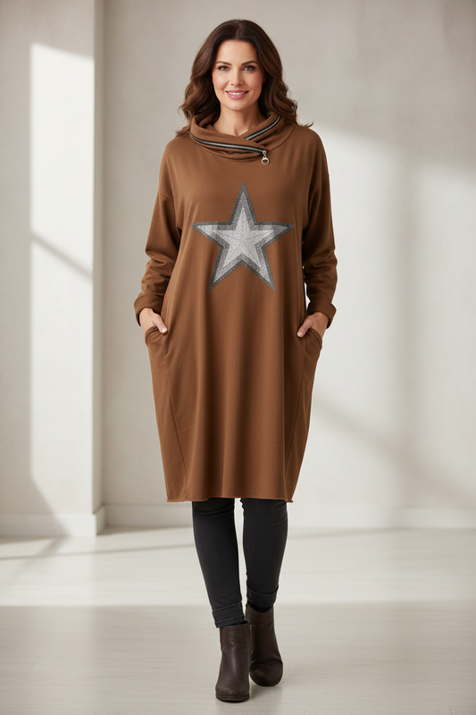 Cowl Zip Neck Star Dress