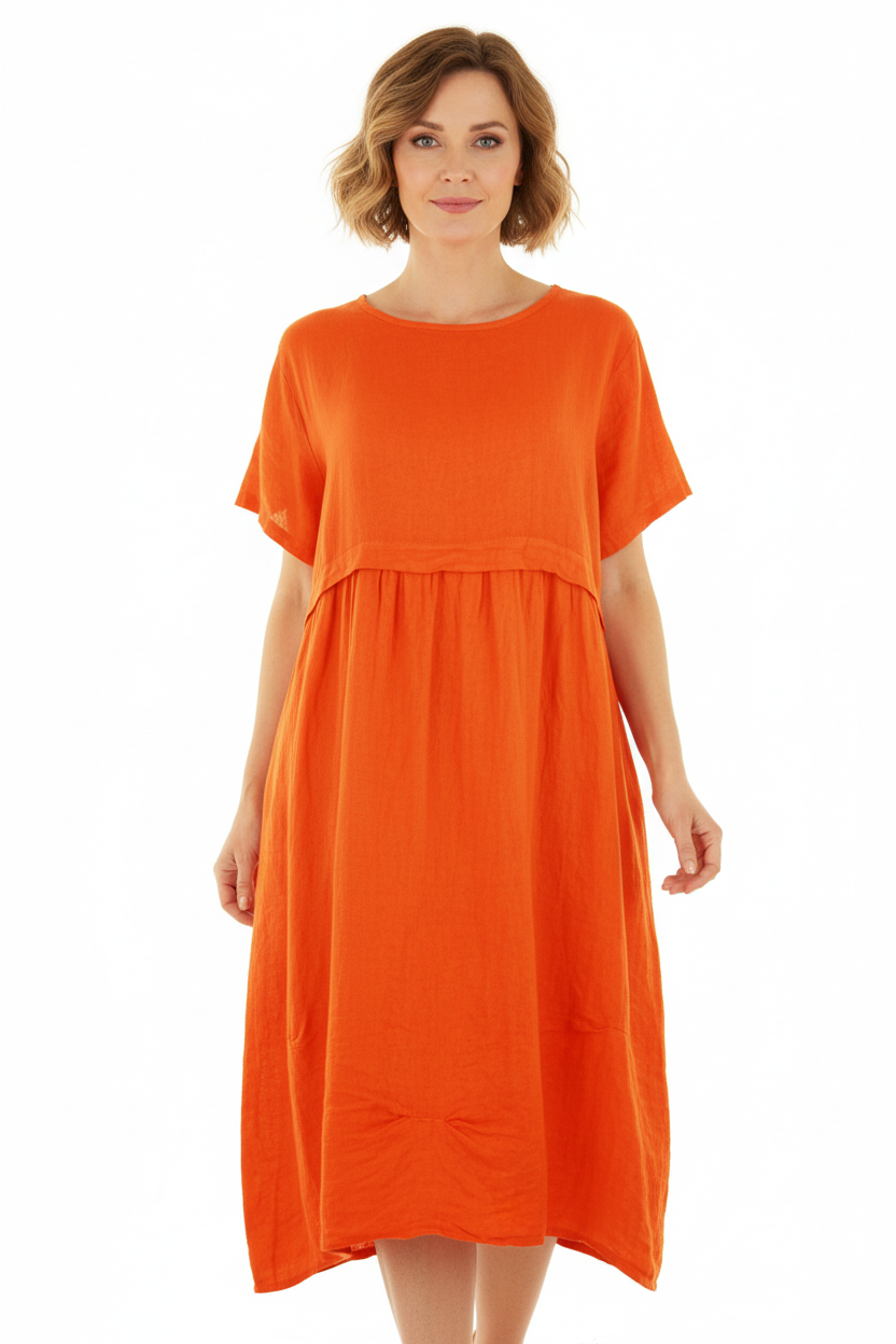 Short Sleeve Pleat Detail Linen Dress