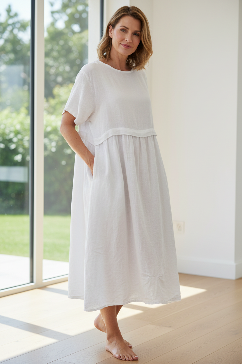 Short Sleeve Pleat Detail Linen Dress