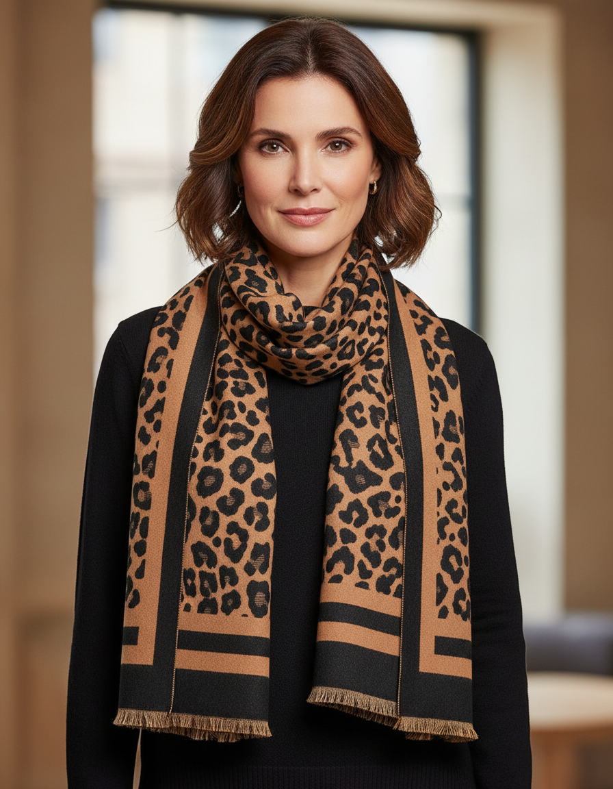 Double Border Leopard Cashmere Scarf