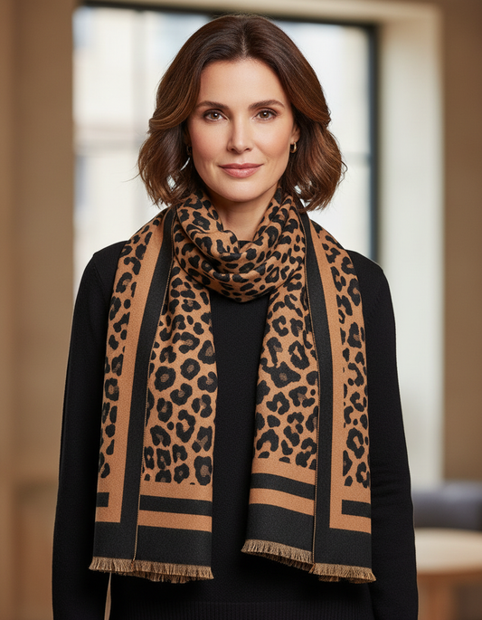 Double Border Leopard Cashmere Scarf