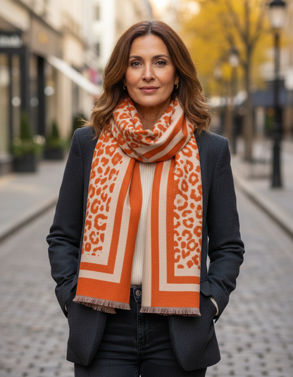 Double Border Leopard Cashmere Scarf