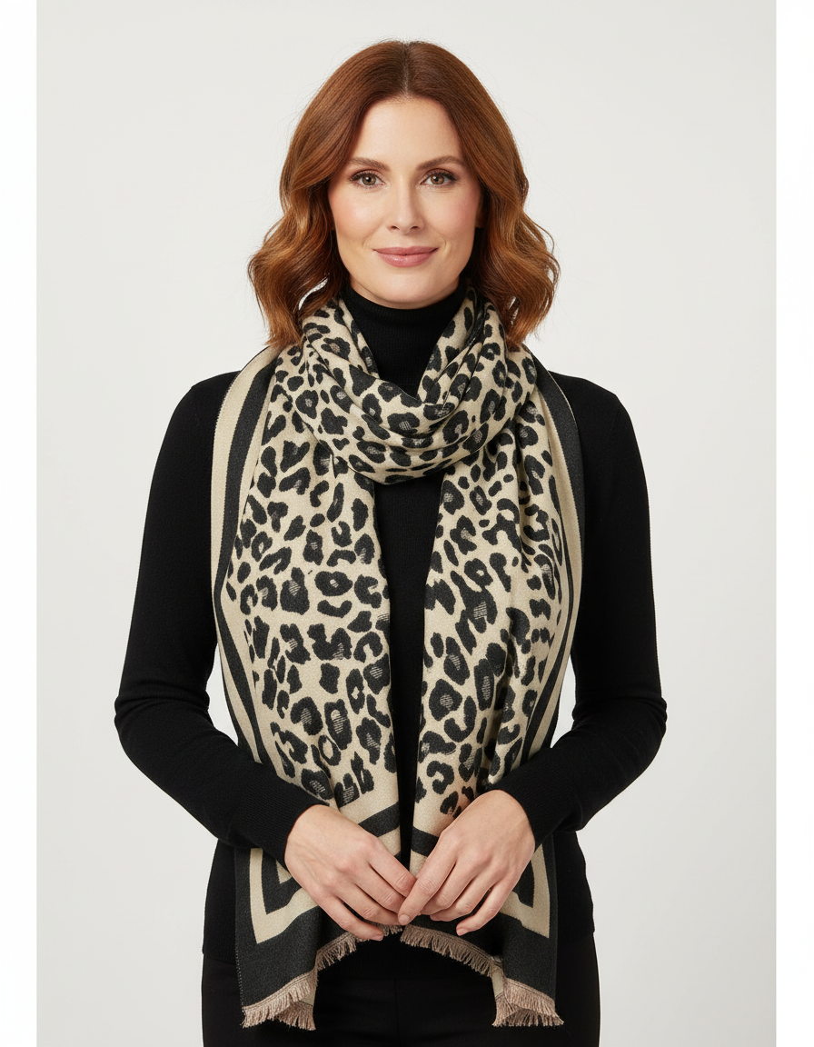 Double Border Leopard Cashmere Scarf