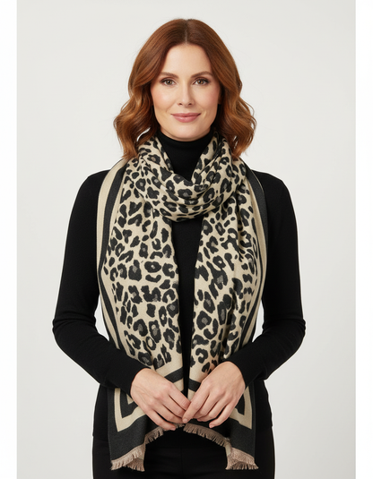 Double Border Leopard Cashmere Scarf
