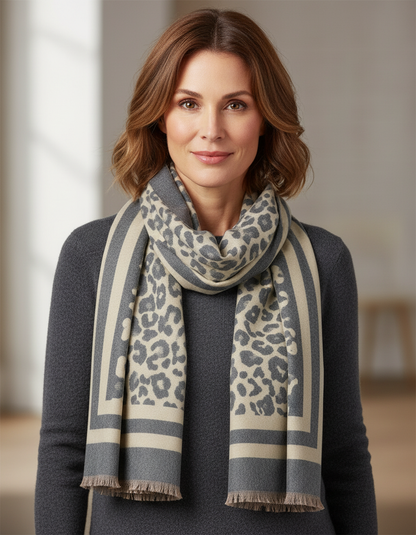 Double Border Leopard Cashmere Scarf