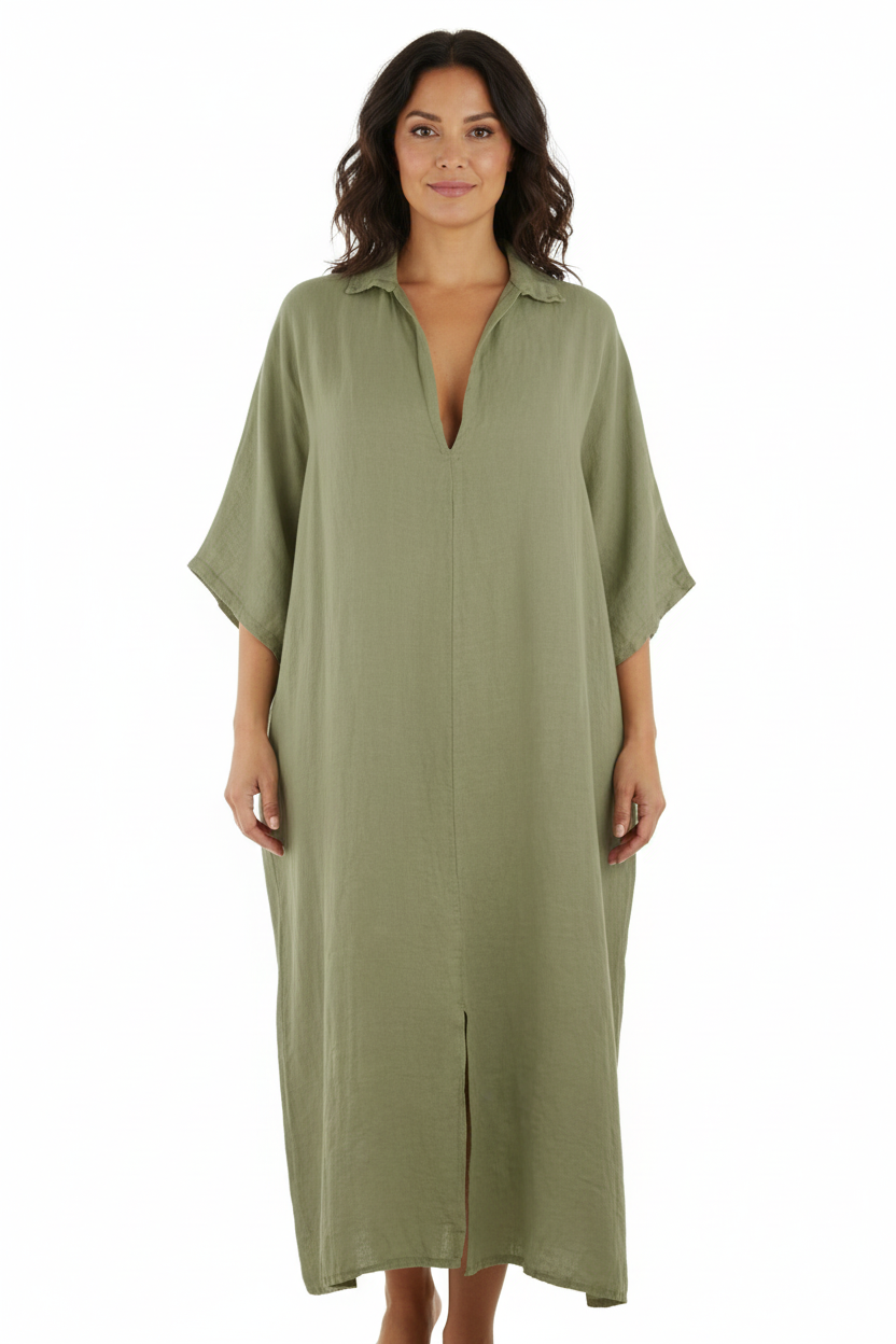 Batwing Collar Tulip Linen Midi