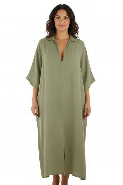 Batwing Collar Tulip Linen Midi