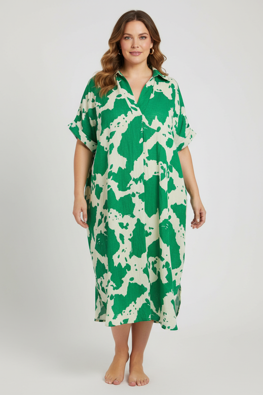 Batwing Collar Splash Print Midi
