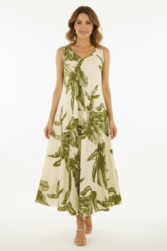 Sleeveless V Neck Palm Print Dress