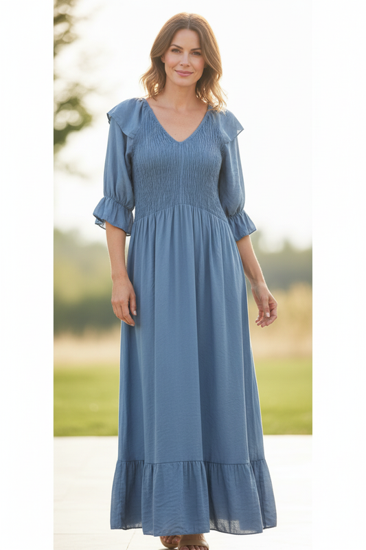 V Neck Smocked Maxi
