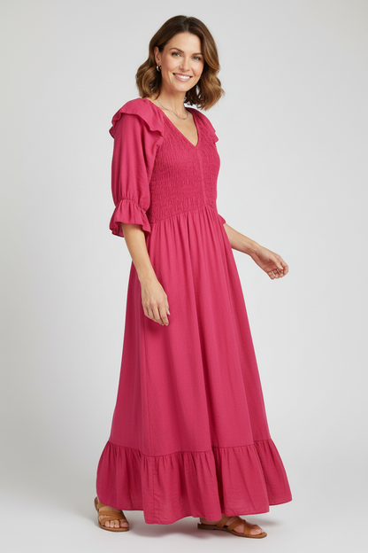 V Neck Smocked Maxi