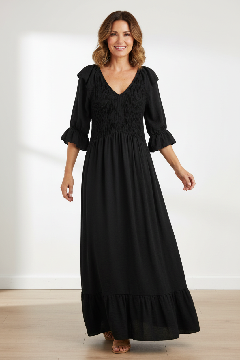 V Neck Smocked Maxi