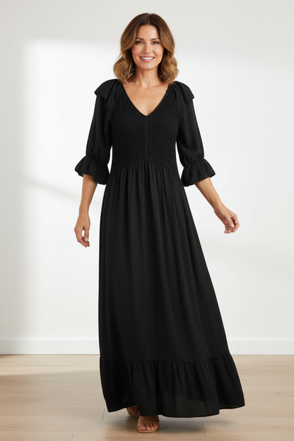 V Neck Smocked Maxi