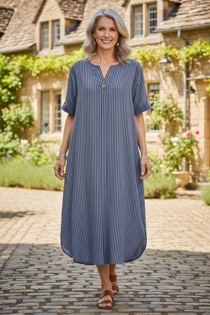 Button Detail Stripe Midi