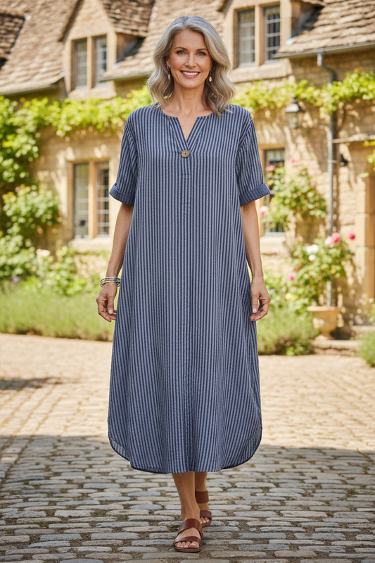 Button Detail Stripe Midi