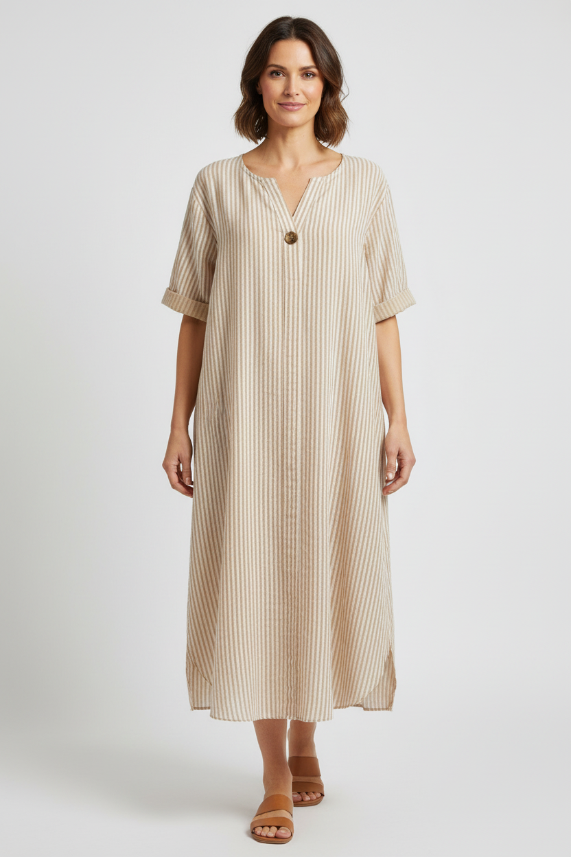 Button Detail Stripe Midi