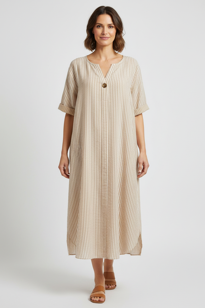 Button Detail Stripe Midi