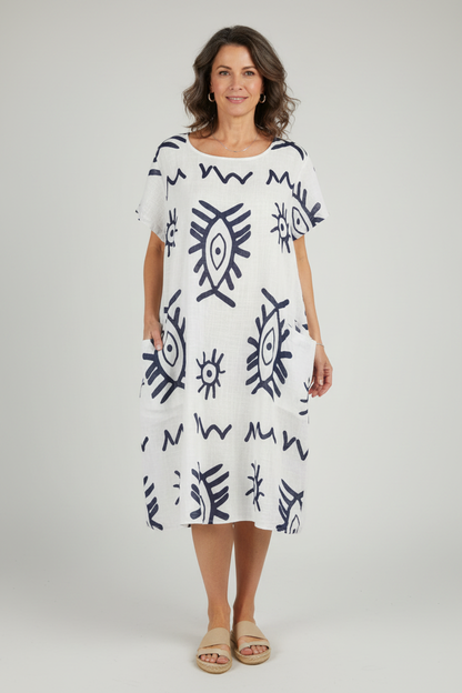 2 Pocket Abstract Print Dress
