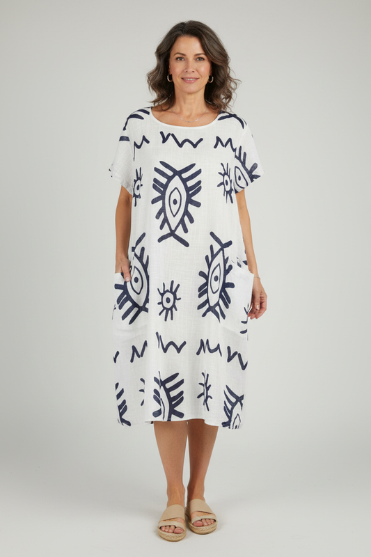 2 Pocket Abstract Print Dress