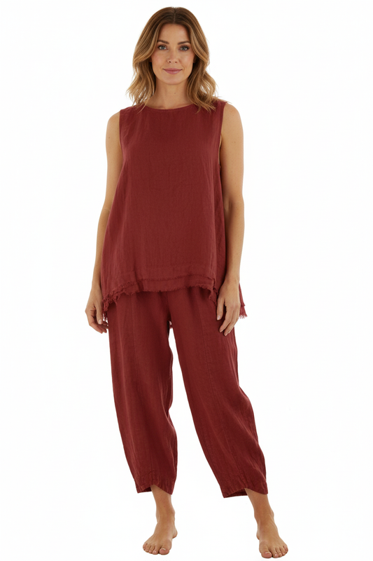 Sleeveless Frayed Trim Linen Top