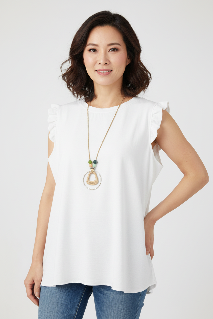 Sleeveless Frill Trim Necklace Top