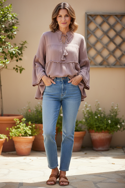 Tie Neck Tiered Crinkle Top