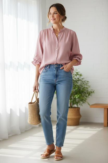 3/4 Balloon Sleeve Linen Shirt