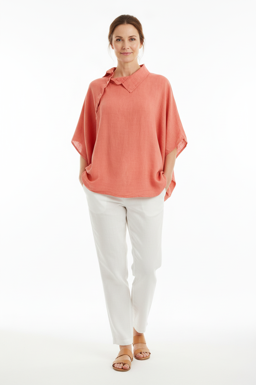 Collar Diagonal Button Linen Shirt