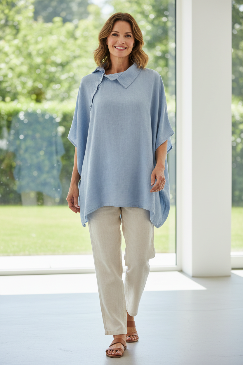 Collar Diagonal Button Linen Shirt