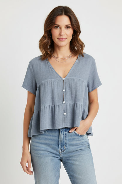Button Tiered Linen Top