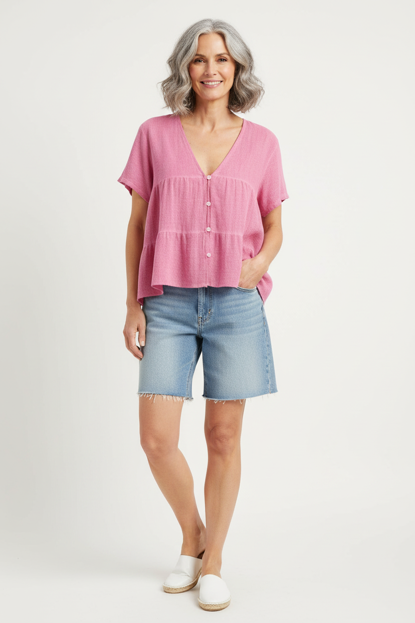 Button Tiered Linen Top