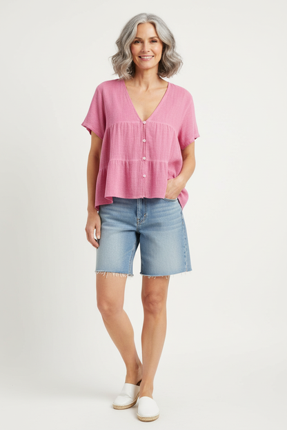 Button Tiered Linen Top