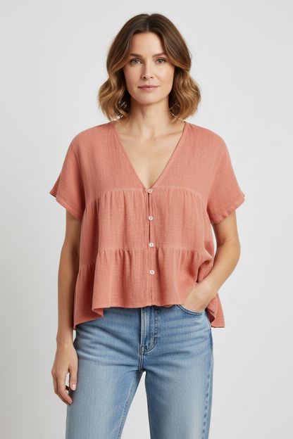 Button Tiered Linen Top