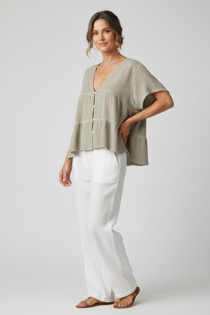 Button Tiered Linen Top