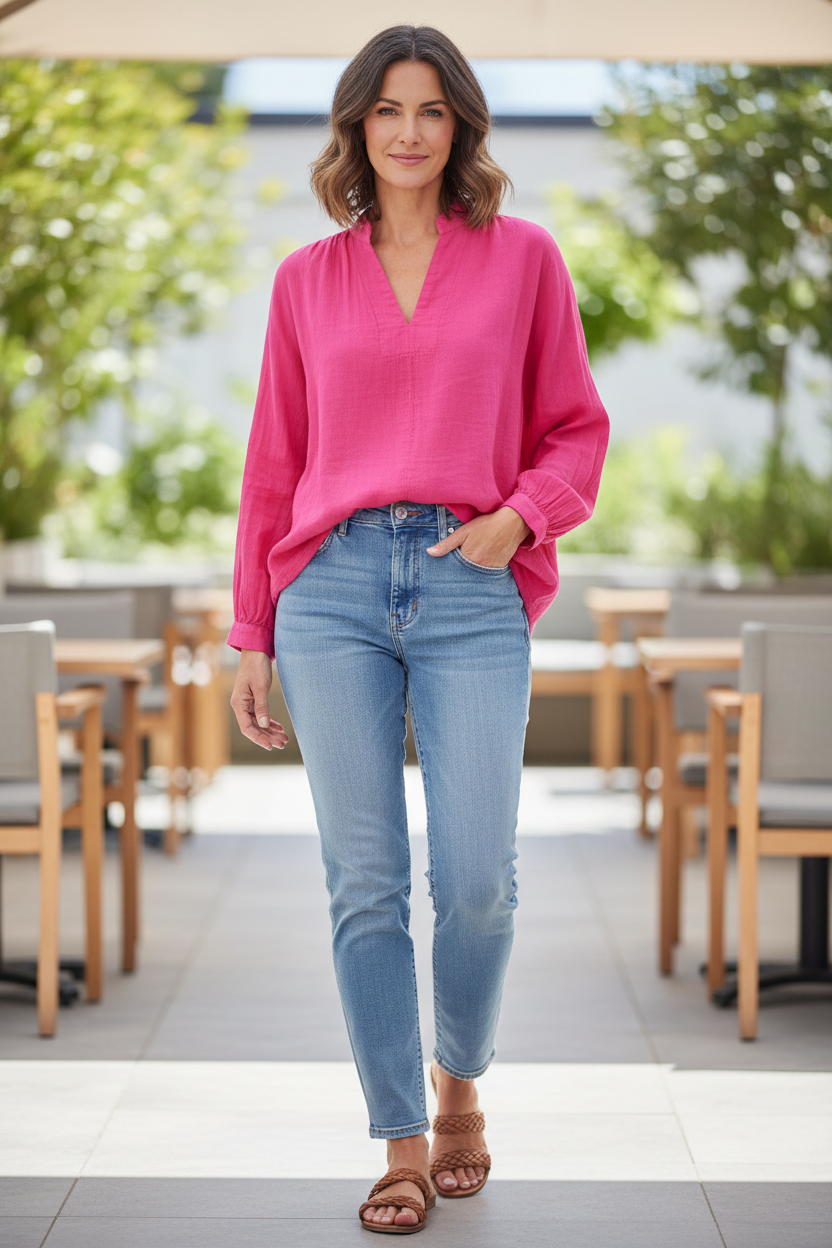 Ruched Shoulder Cotton Top