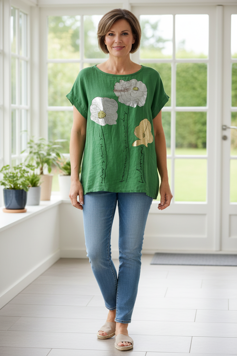Foil Flower Linen Top