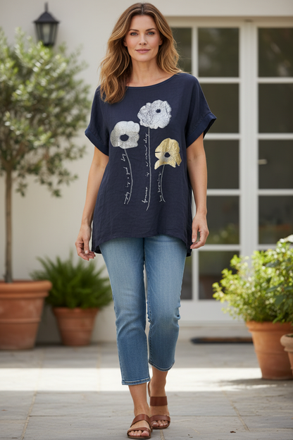 Foil Flower Linen Top