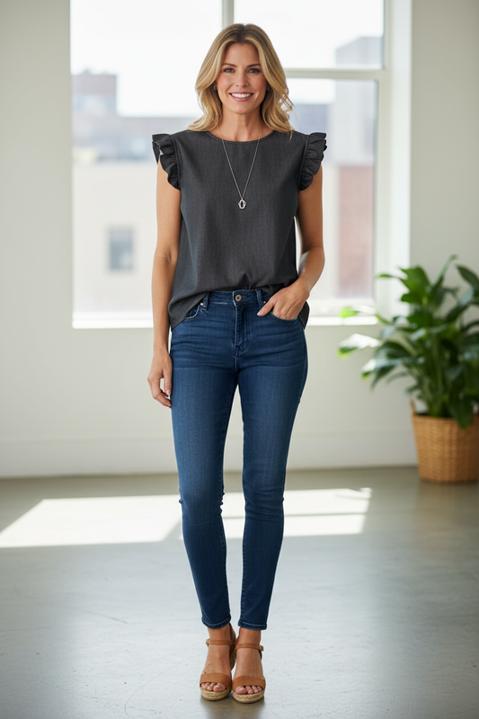 Sleeveless Denim Frill Top