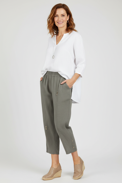 Button Detail Cropped Linen Trouser