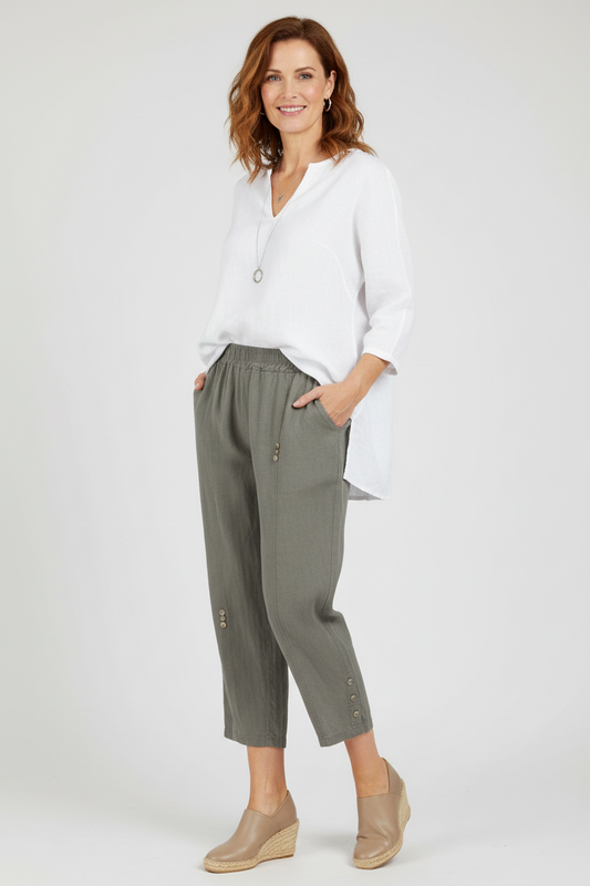 Button Detail Cropped Linen Trouser