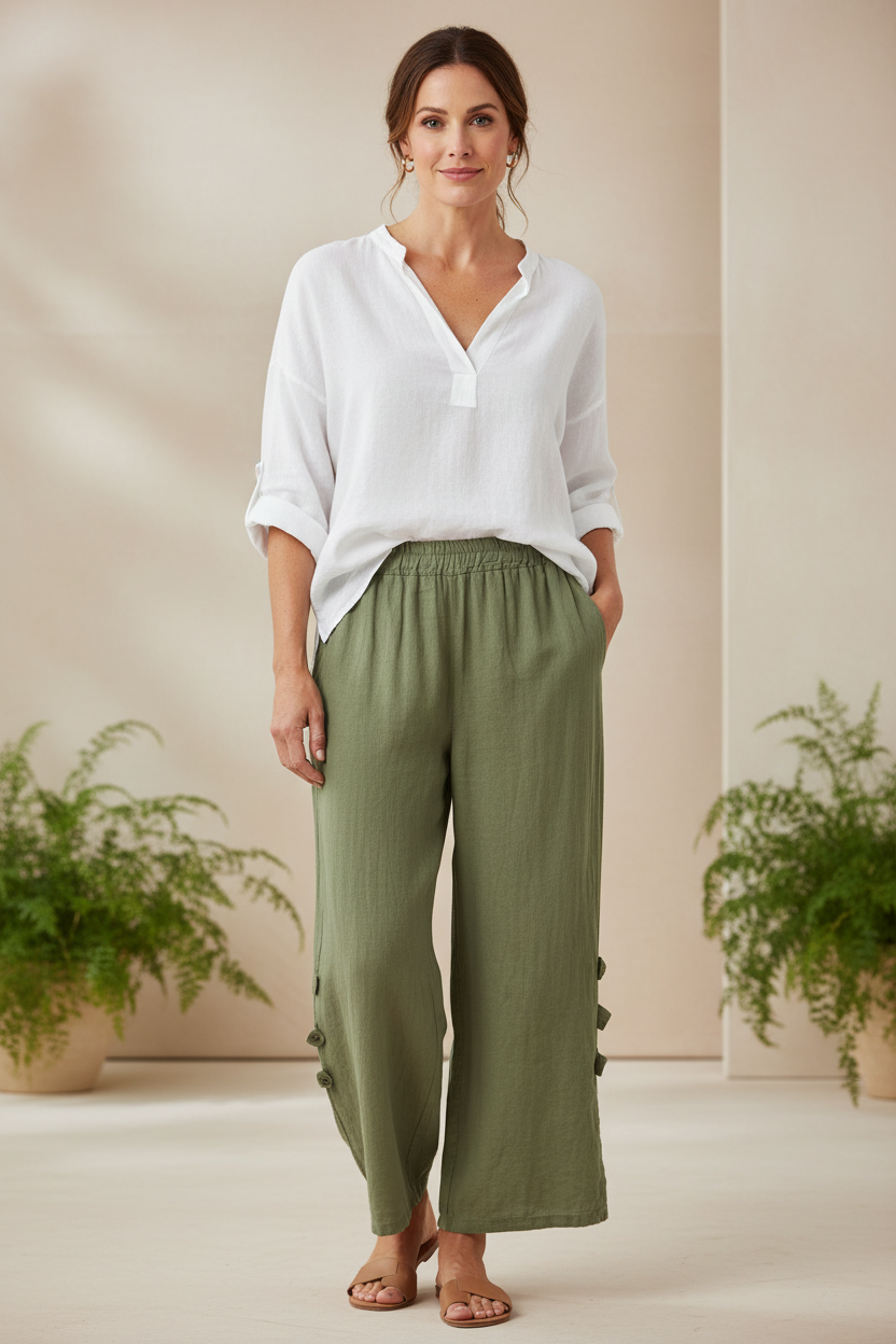 Tab Button Detail Linen Trouser