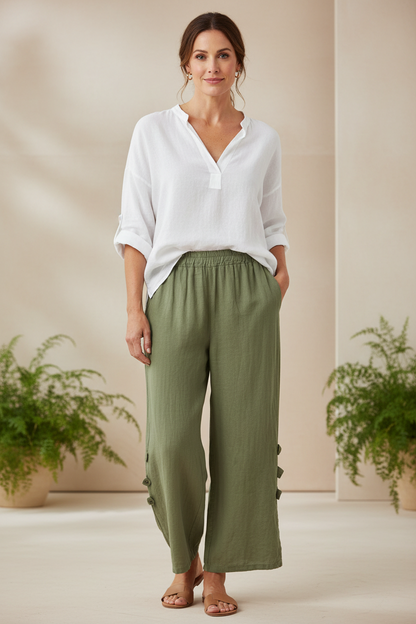 Tab Button Detail Linen Trouser