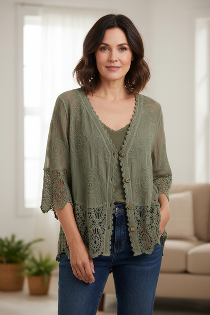 Crochet Trim Cotton Shirt