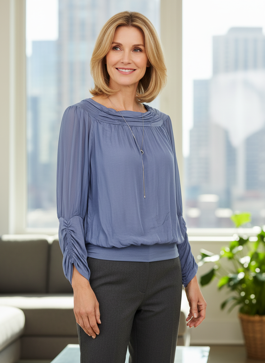 Ruched Neck Silk Blouse